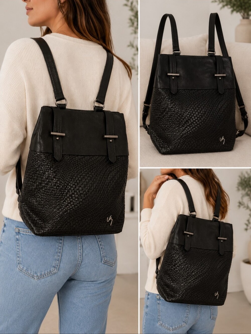 Velez Braided Woven Black leather Convertible Bag